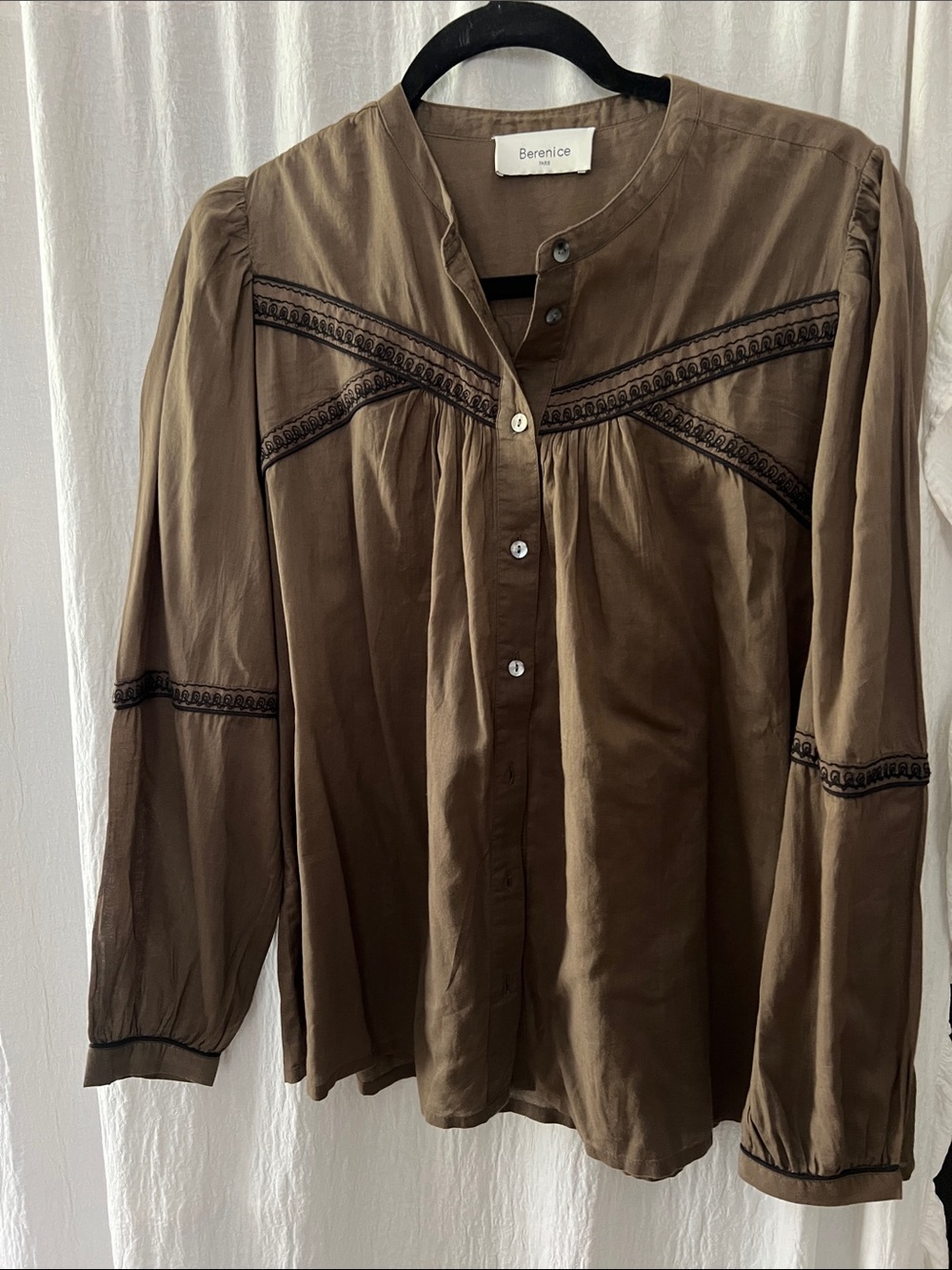 Olive Brown Button-Front Peasant Blouse